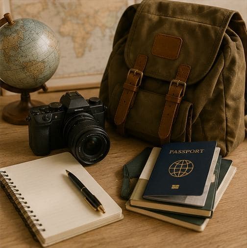 Weekend travel and lifestyle planning items on a neutral background
