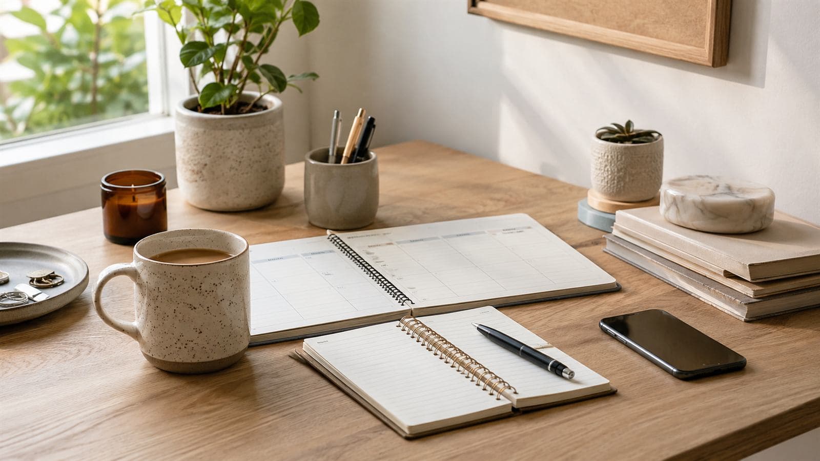 Notebook and planning tools representing habit review and better daily choices