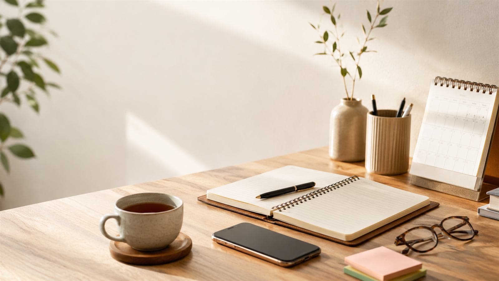 Calm desk setup with planning notes for reviewing daily habits
